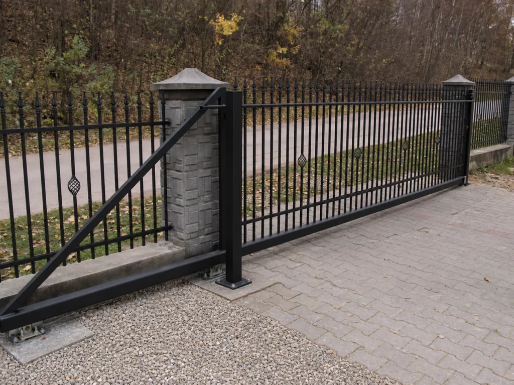 Przemysłowa brama z pionowym wypełnieniem przy utwardzonym wjeździe