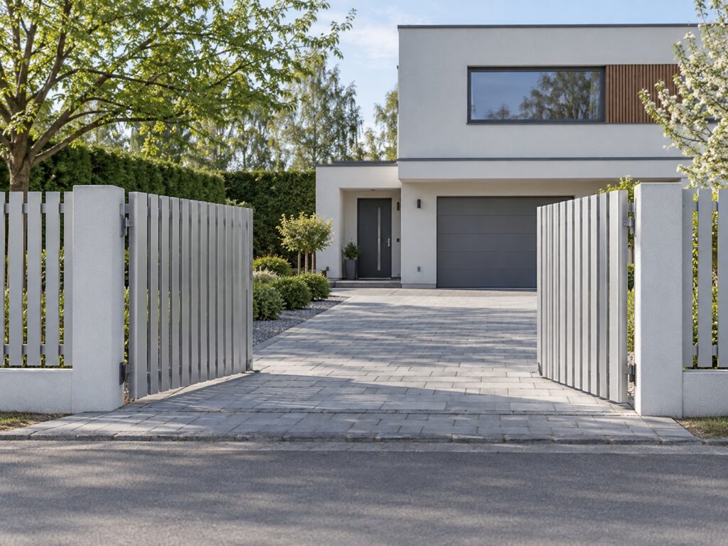 Wizualizacja otwartej szarej bramy aluminiowej z pionowymi profilami