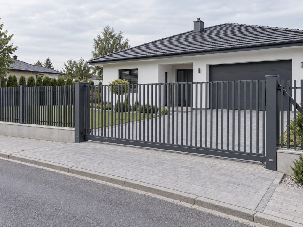 Wizualizacja szerokiej bramy palisadowej przy nowoczesnym domu
