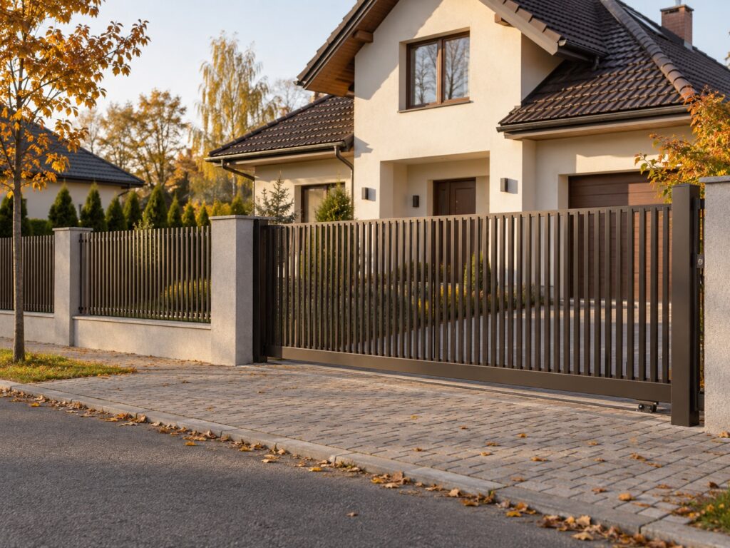 Wizualizacja brązowego ogrodzenia palisadowego przed domem jesienią
