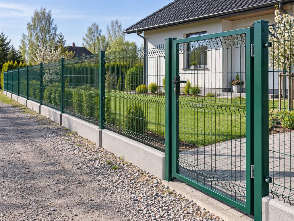 Wizualizacja zielonego ogrodzenia panelowego na betonowej podmurówce
