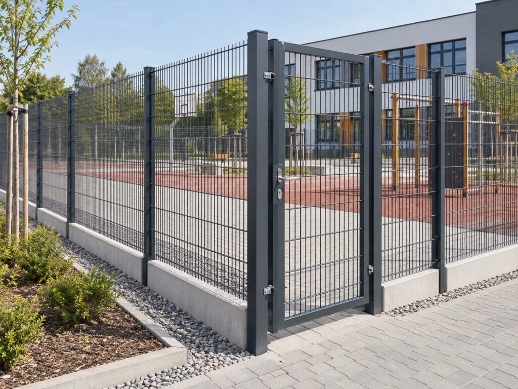 Wizualizacja szarego ogrodzenia panelowego wokół boiska