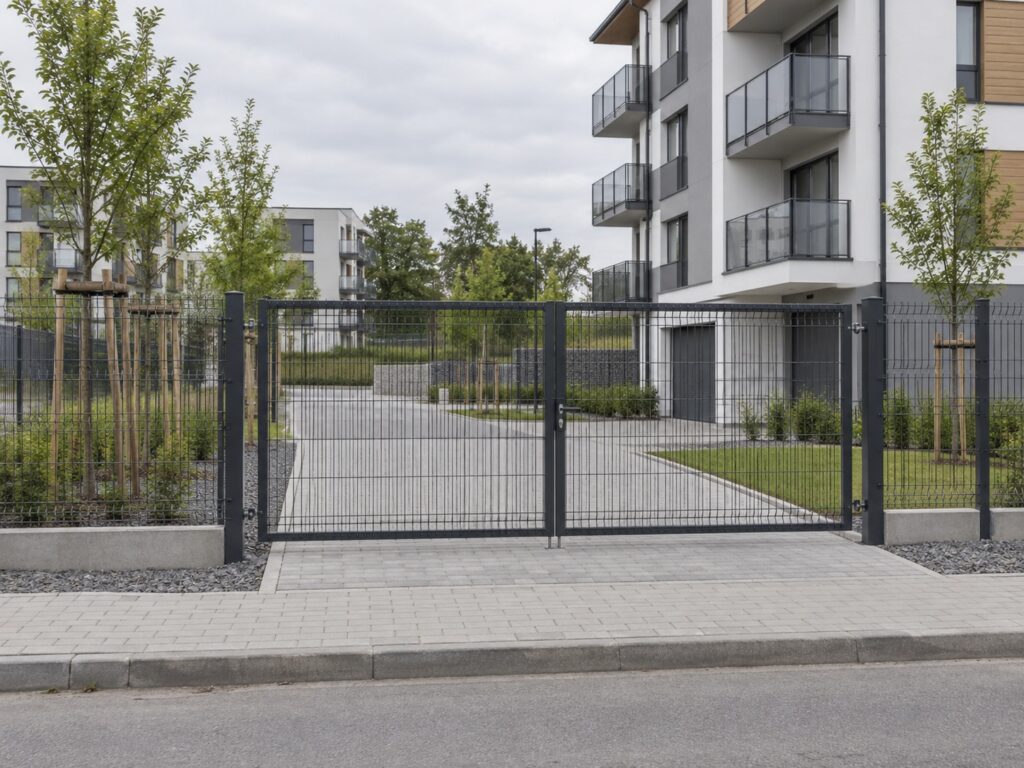 Wizualizacja grafitowej bramy panelowej przed budynkiem mieszkalnym