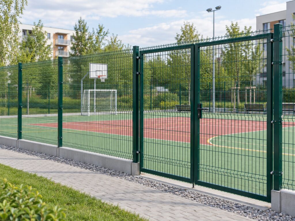 Wizualizacja zielonej bramy panelowej przy boisku sportowym