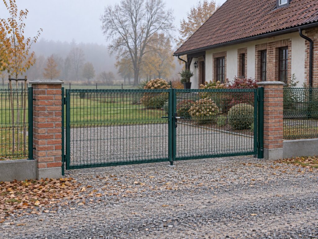 Wizualizacja zielonej bramy panelowej pomiędzy ceglanymi słupkami