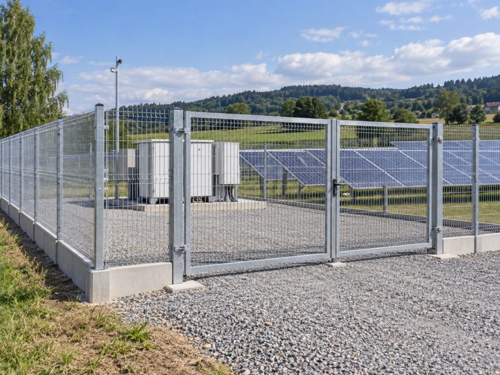 Wizualizacja ocynkowanego ogrodzenia panelowego wokół instalacji fotowoltaicznej