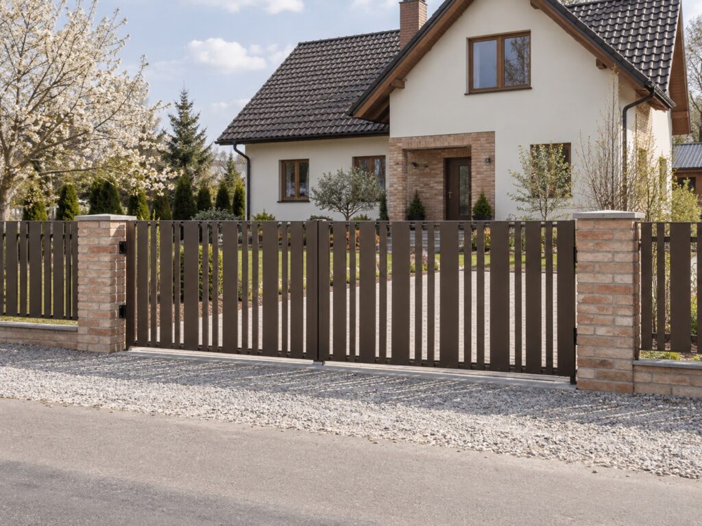 Wizualizacja ażurowej bramy pionowej pomiędzy ceglanymi słupkami