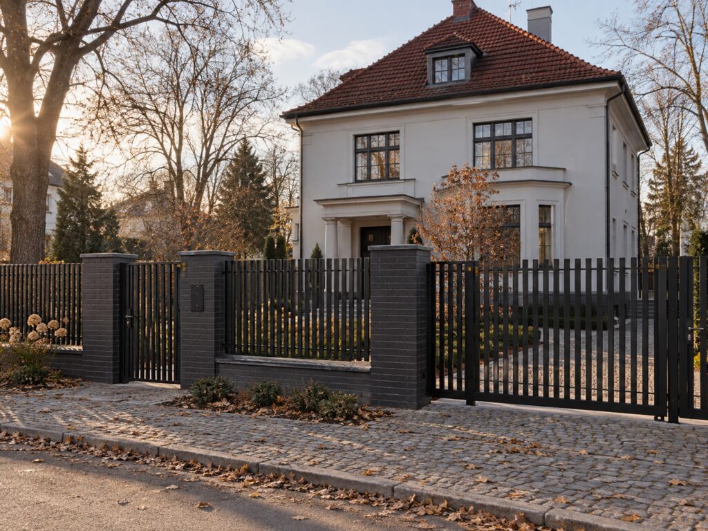 Wizualizacja ciemnego ogrodzenia pionowego przed klasyczną willą